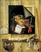 Cornelius Gijsbrechts Trompe l ail mit Atelierwand und Vanitasstillleben oil painting